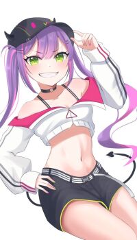 1girl bare_shoulders baseball_cap black_choker black_shorts blush breasts choker cleavage commentary_request cropped_jacket demon_girl demon_tail ear_piercing fake_horns green_eyes hair_ornament hairclip hand_on_own_hip hat hololive horned_headwear horns jacket long_hair long_sleeves looking_at_viewer multicolored_hair navel o-ring o-ring_choker parallel_hairclips piercing pink_streaks purple_hair ramkilog short_shorts shorts simple_background small_breasts smile solo stomach streaked_hair tail tokoyami_towa tokoyami_towa_(1st_costume) twintails virtual_youtuber white_background white_jacket zipper zipper_pull_tab