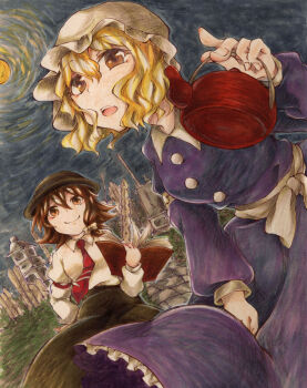 Rule 34 | 2girls, armband, black hat, black skirt, blonde hair, book, bow, brown eyes, brown hair, buttons, closed mouth, collared dress, collared shirt, contrast collar, dress, ghostly field club, graveyard, hair between eyes, hand on own hip, hat, highres, holding, holding book, holding teapot, long dress, long sleeves, maribel hearn, marker (medium), mob cap, multiple girls, necktie, night, purple dress, red necktie, sanwa no jako (daikichi club), sash, shirt, short hair, skirt, sleeve cuffs, sleeve garter, smile, striped necktie, teapot, touhou, traditional media, usami renko, white armband, white bow, white hat, white sash, white shirt, yellow eyes