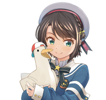 Rule 34 | 1girl, animal, armband, bird, black bow, black bowtie, black panties, blue jacket, bow, bowtie, braid, brooch, brown hair, closed mouth, clothing cutout, commentary request, cropped jacket, cropped shirt, duck, grey hat, grey shirt, hair ornament, hairclip, haniwa (leaf garden), hat, high collar, highres, hip vent, holding, holding animal, hololive, jacket, jewelry, lace, lace-trimmed panties, lace trim, long sleeves, midriff, navel, official alternate costume, official alternate hairstyle, oozora subaru, oozora subaru (suspenders), panties, panty peek, pinstripe pattern, pinstripe shirt, sailor hat, shirt, short hair, side braid, simple background, sleeve cuffs, smile, solo, star brooch, subaru duck, suspenders, swept bangs, underwear, upper body, virtual youtuber, white background