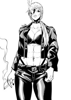 1girl abs alternate_breast_size_(larger) artist_name belt_collar black_bra black_choker bra bra_peek breasts chainsaw_man choker cigarette cleavage collar commentary eyepatch hand_in_pocket high-waist_panties highres jacket kei_dragonsheaven large_breasts leather leather_jacket lipstick looking_at_viewer lowleg lowleg_pants makeup mature_female monochrome muscular muscular_female nail_polish navel_piercing open_clothes pants piercing ponytail quanxi_(chainsaw_man) shirt skull skull_button smoke smoking solo thick_thighs thighs tight_clothes tight_pants tight_shirt underwear white_hair
