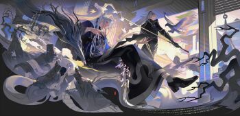 Rule 34 | 6+boys, absurdres, architecture, bamboo screen, bare tree, bird, black hanfu, black shoes, chinese clothes, closed mouth, day, dragon, east asian architecture, ershisi shao qing, full body, grey socks, hair ornament, hanfu, high ponytail, highres, holding, holding sword, holding weapon, indoors, long hair, looking at viewer, male focus, multiple boys, original, parted bangs, ponytail, shoes, sitting, socks, sword, tree, weapon, white hair