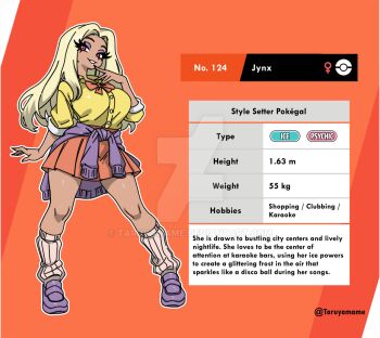 1girl artist_name blonde_hair bow breasts buttons character_name character_profile clothes_around_waist commentary dark-skinned_female dark_skin deviantart_logo deviantart_username english_commentary english_text eyelashes eyeshadow fashion finger_to_mouth fingernails full_body ganguro gen_1_pokemon gyaru gyaru_makeup height humanization jynx kogal large_breasts long_fingernails long_hair looking_at_viewer loose_socks makeup manba_gyaru nintendo no_nose orange_background outline patreon_username personification pink_lips pink_socks pleated_skirt poke_ball_print pokedex pokedex_number pokemon pokemon_rgby purple_eyeshadow purple_shoes purple_sweater red_bow red_eyes red_skirt reference_sheet shirt shoes simple_background skirt sleeves_rolled_up socks solo sweater sweater_around_waist tan taruyamame twitter_username venus_symbol watermark weight white_outline yellow_shirt