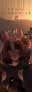 Rule 34 | 2girls, ahoge, animal ears, bodysuit, brown eyes, brown hair, closed eyes, commentary, cosplay, death stranding, death stranding 2: on the beach, ear wiggle, english commentary, grey bodysuit, hair between eyes, highres, horse ears, horse girl, meisho doto (umamusume), multicolored hair, multiple girls, open mouth, peqq'y quodd'y, sam porter bridges, sam porter bridges (cosplay), short hair, smile, streaked hair, t.m. opera o (umamusume), umamusume, upper body, white hair