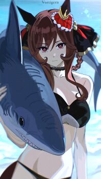 1girl absurdres alternate_costume animal animal_ears bikini black_bikini black_choker black_ribbon braid braided_hair_rings breasts brown_hair choker closed_mouth commentary gentildonna_(umamusume) hair_ribbon hair_rings highres holding holding_animal horse_ears horse_girl horse_tail large_breasts looking_at_viewer navel red_eyes ribbon shark shi_draco solo stomach swimsuit tail umamusume