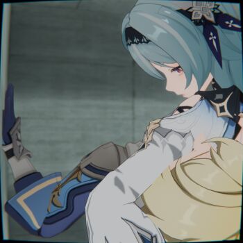 1boy 1boy1girls 1girl armpit_sniffing armpits assertive_female b-banto blonde_hair blue_background blue_hair clothing_cutout day eula_(genshin_impact) femdom genshin_impact hair_between_eyes hair_ornament hairband hand_on_wall headlock long_sleeves mika_(genshin_impact) orange_eyes reverse_ryona shoulder_cutout smother wide_sleeves