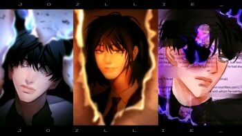 1girl 2boys :| black_eyes black_hair burning burning_paper closed_eyes closed_mouth coat collared_shirt gouged_eye han_sooyoung highres jozllie kim_dokja letterboxed looking_at_viewer medium_hair multiple_boys omniscient_reader's_viewpoint portrait revealing_layer shirt short_hair smile split_crop white_coat white_shirt yoo_joonghyuk