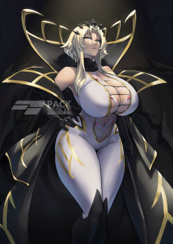 1girl black_gloves blonde_hair breasts cleavage commission gloves hand_on_own_hip highres huge_breasts jacket leotard long_hair looking_at_viewer mature_female navel open_clothes open_jacket original packge pixiv_commission solo spiked_crown watermark white_leotard yellow_eyes