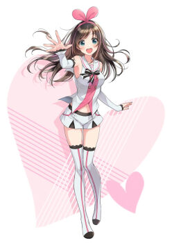 Rule 34 | 1girl, :d, aqua eyes, arm up, arm warmers, armpits, bare shoulders, black ribbon, blue eyes, blush, boots, bow, breasts, brown hair, collarbone, detached sleeves, female focus, floating hair, foreshortening, full body, hair bow, hairband, heart, kizuna ai, kizuna ai inc., lace, lace-trimmed legwear, lace trim, long hair, looking at viewer, medium breasts, morikura en, multicolored hair, navel, official art, open mouth, outstretched arm, outstretched hand, pigeon-toed, pink bow, pink hairband, ribbon, round teeth, sailor collar, shoes, short shorts, shorts, sideboob, simple background, smile, solo, standing, streaked hair, striped clothes, striped ribbon, striped thighhighs, swept bangs, tareme, teeth, thigh boots, thighhighs, two-tone hair, vest, virtual youtuber, white background, white footwear, white ribbon, white shorts, white thighhighs, white vest