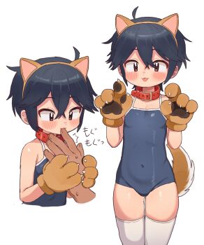 1boy 1girl :3 animal_ear_hairband animal_ears animal_hands armpit_crease belt_collar biting_another's_finger black_hair blush collar commentary_request competition_school_swimsuit covered_navel fake_animal_ears finger_to_another's_mouth flat_chest funifuchan hairband hetero highres loli navel original rin_(funifuchan) school_swimsuit short_hair solo_focus swimsuit tail thighhighs thighs tongue tongue_out white_thighhighs
