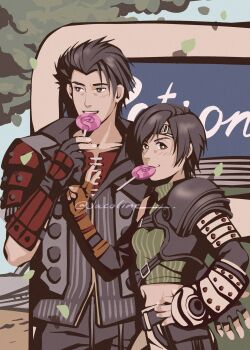 1boy 1girl black_gloves black_hair black_jacket candy commentary cowboy_shot cropped_sweater english_commentary falling_leaves final_fantasy final_fantasy_vii final_fantasy_vii_remake fingerless_gloves food gloves green_sweater grey_vest hand_on_own_hip headband highres holding holding_candy holding_food jacket jacoline leaf light_blush lollipop looking_at_viewer looking_to_the_side mouth_hold orange_gloves outdoors red_shirt ribbed_sweater shirt short_hair single_shoulder_pad sleeveless sleeveless_turtleneck sonon_kusakabe sweater turtleneck turtleneck_sweater twitter_username v vending_machine vest yuffie_kisaragi