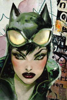 1girl animal_ears batman_(series) black_bodysuit black_hair bodysuit catsuit catwoman comic_cover commentary dc_comics english_commentary goggles goggles_on_head highres leather_suit red_lips selina_kyle solo sozomaika