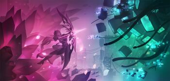 Rule 34 | 1girl, artist logo, artist name, boots, bow (weapon), breasts, commentary, crt, drawing bow, elysia (honkai impact), elysia (miss pink elf) (honkai impact), english commentary, faceoff, glitch, hair ornament, herrscher of corruption, high heel boots, high heels, highres, holding, holding bow (weapon), holding weapon, honkai (series), honkai impact 3rd, logo, long hair, medium breasts, shade of a cat, silhouette, solo, split theme, thigh boots, weapon