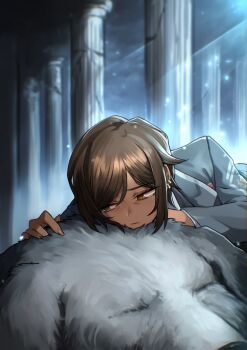 blue_background brown_eyes brown_hair dark_skin dog formal_clothes highres hug limbus_company looking_to_the_side outis_(project_moon) pillar project_moon sad simple_background stone_pillar suit tears tresmarrow wolf