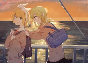 2girls backpack bag black_bag black_skirt blonde_hair blue_bag blue_eyes bow bridge cardigan closed_mouth collared_shirt commentary_request dusk green_eyes green_hair grey_cardigan gumi hair_bow hairband highres kagamine_rin looking_at_another medium_hair multiple_girls necktie ocean orange_necktie parted_lips pleated_skirt shirt short_hair shoulder_bag skirt smile split_mouth sweatdrop vocaloid white_bow white_hairband white_shirt wounds404