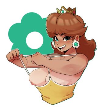 1girl blush breasts crown dabble earrings flipped_hair flower_earrings green_eyes highres jewelry large_breasts looking_at_viewer mario_(series) naughty_face nintendo nipple_slip nipples one_breast_out open_mouth princess princess_daisy simple_background smile solo sphere_earrings strap_pull super_mario_land tan tank_top teasing