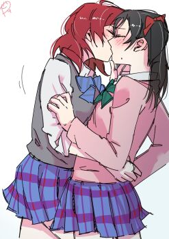 2girls black_hair blue_bow blue_bowtie blue_skirt blush bow bowtie closed_eyes commentary_request green_bow green_bowtie grey_sweater_vest highres kiss love_live! love_live!_school_idol_project medium_hair multiple_girls nishikino_maki otonokizaka_school_uniform pink_sweater plaid_clothes plaid_skirt pleated_skirt red_hair school_uniform shirt simple_background skirt surfacedxxc sweat sweater sweater_vest twintails white_background white_shirt yazawa_nico yuri