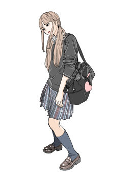 1girl absurdres bag bag_charm black_eyes blonde_hair brown_shoes charm_(object) commentary_request full_body grey_shirt grey_socks heart-shaped_charm highres lipstick loafers long_hair makeup plaid_clothes plaid_skirt sakamoto_giulietta school_bag school_uniform shirt shoes skirt socks standing white_background