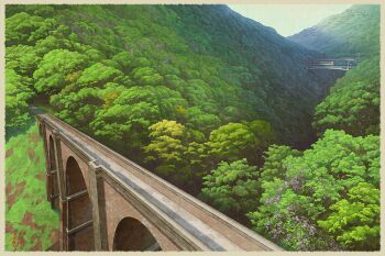 border bridge brown_border day forest landscape location_request mountain mugumo_24k nature no_humans original outdoors ravine scenery sky train tree