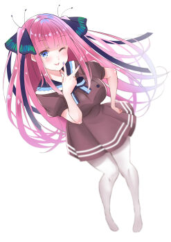 1girl absurdres black_ribbon blue_bow blue_eyes blue_nails blunt_bangs blush bow breasts brown_dress butterfly_hair_ornament dress feet from_above go-toubun_no_hanayome hair_ornament hanakuma_mano hand_on_own_hip highres hime_cut large_breasts long_hair looking_at_viewer multicolored_nails nail_polish nakano_nino one_eye_closed pantyhose pink_hair pink_nails puffy_short_sleeves puffy_sleeves raised_eyebrows ribbon short_sleeves simple_background smile solo tongue tongue_out twintails v white_background white_pantyhose