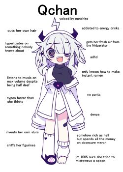 1girl :d @_@ absurdres ahoge asymmetrical_legwear bags_under_eyes bandaid bandaid_on_leg barefoot black_eyes black_horns black_slippers black_sweater blush blush_stickers breasts brooch character_name coat commentary demon_horns english_commentary excited expressive_hair full_body hair_ornament hair_over_one_eye hairclip headphones heart heart_brooch highres horns jewelry leg_warmers long_sleeves looking_at_viewer medium_breasts medium_hair melonbread messy_hair mismatched_legwear multicolored_eyes no_pants off_shoulder open_mouth pointing_out_the_details q-chan_(yunyun_denpa_syndrome) rainbow_eyes raised_eyebrows reference_sheet shoes sidelocks simple_background single_shoe sleeves_past_fingers sleeves_past_wrists slippers smile solo spiral standing straight-on sweater toes turtleneck turtleneck_sweater white_background white_coat white_hair wide-eyed yunyun_denpa_syndrome