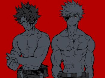 2boys abs aqua_eyes arm_across_waist bakugou_katsuki belt belt_buckle biceps blood blood_from_forehead blood_on_cheek blood_on_face boku_no_hero_academia buckle chiyaya clenched_hand closed_mouth collarbone explosive freckles frown grenade greyscale_with_colored_background hair_between_eyes highres looking_at_viewer male_focus midoriya_izuku multiple_boys multiple_scars muscular muscular_male navel no_nipples orange_eyes parted_lips red_background scar scar_on_arm scar_on_chest scar_on_hip scar_on_shoulder scar_on_stomach serious short_hair side-by-side simple_background snap-fit_buckle spiked_hair split_mouth spot_color straight-on topless_male torn_clothes tsurime uneven_eyes upper_body utility_belt v-shaped_eyebrows