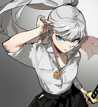 1girl aqua_eyes black_skirt bright_pupils choppy_bangs collared_shirt commentary_request cowboy_shot earbuds earphones eg58561415 floating_hair gradient_background grey_background grey_hair hand_up highres holding long_hair looking_at_viewer original parted_lips ponytail shirt short_sleeves skirt solo white_mouth white_pupils white_shirt