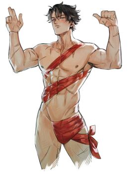 1boy abs absurdres black_hair closed_mouth covered_abs cropped_legs genshin_impact highres jewelry light_blush lips male_focus meme multicolored_hair multiple_scars naked_ribbon necklace nipples nokkusuart nose nude_guy_wrapped_in_ribbons_standing_(meme) pointing_with_thumb ribbon scar scar_on_arm scar_on_shoulder scar_on_stomach scar_on_thighs short_hair simple_background solo white_background white_hair wriothesley_(genshin_impact)