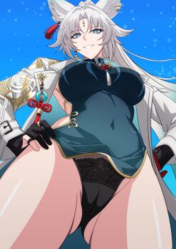 1girl animal_ears aqua_dress black_gloves black_panties blue_sky breasts china_dress chinese_clothes clothing_cutout dress feixiao_(honkai:_star_rail) forehead_jewel fox_ears fox_girl from_below gloves highres honkai:_star_rail honkai_(series) jacket large_breasts long_hair makiri_akira panties side_cutout sky thighs underwear white_hair white_jacket