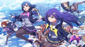 4girls blue_eyes blue_hair book boots brown_eyes brown_hair buttons cardigan cityscape cloud controller floating futami_ami game_cg game_controller high_heel_boots high_heels holding hood hoodie idolmaster idolmaster_million_live! idolmaster_million_live!_theater_days kasuga_mirai mochizuki_anna multiple_girls nanao_yuriko necktie official_art open_mouth pen profile side_ponytail single_thighhigh skirt thighhighs water yellow_eyes