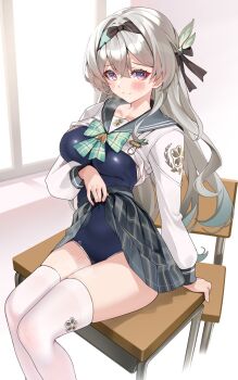 1girl black_one-piece_swimsuit black_sailor_collar blush breasts chair closed_mouth clothes_lift collarbone commentary_request desk firefly_(honkai:_star_rail) firefly_(spring_missive)_(honkai:_star_rail) grey_hair grey_skirt highres honkai:_star_rail honkai_(series) indoors long_hair long_sleeves matrix16 on_desk one-piece_swimsuit plaid_clothes plaid_skirt purple_eyes sailor_collar school_chair school_desk school_uniform serafuku shadow shirt shirt_lift sitting skirt skirt_lift smile solo swimsuit swimsuit_under_clothes thighhighs white_background white_shirt white_thighhighs