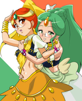 10s 2girls adapted_costume bindi blush bracelet earrings forehead_jewel glasses green_haired_cure_(wonderful_net_precure)_(happinesscharge_precure!) happinesscharge_precure! jewelry long_hair lots_of_jewelry midriff multiple_girls navel orange_haired_cure_(wonderful_net_precure)_(happinesscharge_precure!) precure sorano-umi wonderful_net_precure