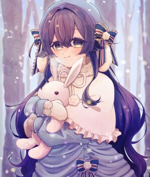 1girl alternate_costume artist_name beret black_hair blue_dress blush breath capelet commentary_request dress frilled_capelet frills hair_between_eyes hat highres holding holding_stuffed_toy kimi_no_koto_ga_dai_dai_dai_dai_daisuki_na_100-nin_no_kanojo long_hair long_sleeves looking_at_viewer mittens oknomyk pom_pom_(clothes) puffy_long_sleeves puffy_sleeves smile snowing solo stuffed_animal stuffed_rabbit stuffed_toy twitter_username very_long_hair wavy_hair white_capelet white_mittens winter_clothes yoshimoto_shizuka
