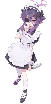 1girl absurdres apron billbung blue_archive eyepatch hair_between_eyes halo haruka_(blue_archive) highres holding holding_knife knife maid maid_apron maid_headdress medium_hair purple_eyes purple_hair purple_halo simple_background single_sock single_thighhigh socks solo thighhighs white_apron white_background white_headdress white_socks white_thighhighs