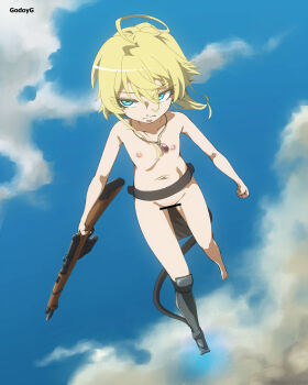 1girl absurdres ahoge artist_name bar_censor blonde_hair blue_eyes blue_sky censored cloud commentary commission english_commentary felipe_godoy flat_chest flying full_body highres holding holding_weapon jewelry loli navel necklace nipples nude outdoors sky solo tanya_degurechaff v-shaped_eyebrows weapon youjo_senki
