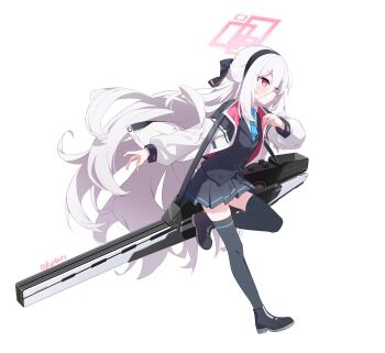 Rule 34 | 1girl, absurdly long hair, absurdres, artist name, black hairband, black jacket, black shoes, black skirt, black thighhighs, blazer, blue archive, blue necktie, closed mouth, collared shirt, exusiai dust, full body, hair between eyes, hairband, halo, highres, jacket, kei (blue archive), kei (new body) (blue archive), long hair, long hair between eyes, long sleeves, miniskirt, necktie, pink eyes, pink halo, pleated skirt, puffy long sleeves, puffy sleeves, rectangular halo, revision, ringed eyes, school uniform, shirt, shoes, simple background, skirt, solo, standing, standing on one leg, thighhighs, very long hair, weapon, white background, white hair, white jacket, white shirt, zettai ryouiki