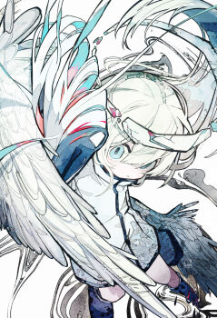 1girl absurdres angel angel_wings artist_logo black_boots blue_eyes boots coat commentary eyes_visible_through_hair feathered_wings hair_between_eyes halo high_collar highres knee_boots logo long_hair long_sleeves original parted_lips solo soresaki variant_set white_coat white_hair white_halo white_wings wings