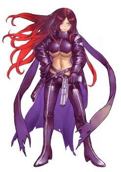 1girl absurdres beelstarmon beelstarmon_(cosplay) belt black_belt black_coat black_gloves black_pants blue_eyes borrowed_character breasts cable coat commentary commission cosplay cropped_vest digimon dual_wielding english_commentary floating_hair full-length_zipper full_body gloves gun hand_on_own_hip high_collar high_heels highres holding holding_gun holding_weapon kayaya_(kiryuushi) large_breasts leather leather_coat leather_pants long_hair long_sleeves multiple-barrel_gun multiple_belts navel original pants red_hair smile solo standing tight_clothes tight_pants underboob v-shaped_eyebrows vest weapon zipper