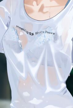 1girl bra bra_visible_through_clothes breast_focus breasts close-up clothes_writing collarbone commentary_request hayakawa_sena_(pei_iriya) highres original paid_reward_available pei_iriya see-through_clothes see-through_shirt shirt solo t-shirt underwear wet wet_clothes wet_shirt white_bra