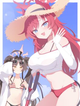 Rule 34 | 2girls, absurdres, ahoge, bikini, black bikini, black hair, blue archive, blue eyes, blush, breasts, commentary request, demon horns, eyewear on head, halo, hat, hello-ghiblisan, highres, horns, kasumi (blue archive), kasumi (swimsuit) (blue archive), large breasts, long hair, looking at viewer, megu (blue archive), megu (swimsuit) (blue archive), multiple girls, navel, official alternate costume, open mouth, pointy ears, red bikini, red hair, red halo, smile, stomach, straw hat, striped bikini, striped clothes, sunglasses, swimsuit, tail, twintails, waving, yellow eyes