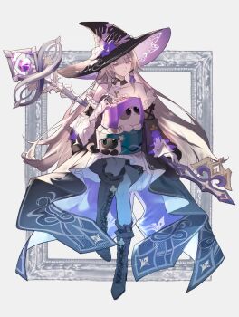 1girl ascot bare_shoulders black_dress black_hat brown_hair collarbone commentary_request detached_sleeves dress flower hat hat_flower herta_(honkai:_star_rail) highres honkai:_star_rail honkai_(series) jewelry key key_necklace long_hair necklace purple_eyes purple_flower smile solo stella_(105_yoru) strapless the_herta_(honkai:_star_rail) very_long_hair white_ascot witch_hat