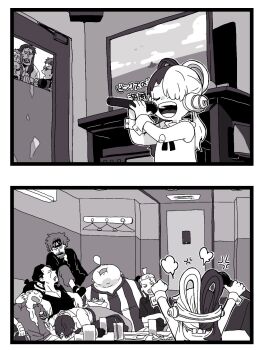 1girl 6+boys aged_down bald belt benn_beckman bonk_punch brown_hair building_snake cheek_bulge child devil_fruit disgust door dreadlocks dress everyone father_and_daughter food goggles green_hair grin happy hat highres holding holding_microphone holding_sword holding_weapon hongou_(one_piece) howling_gab limejuice_(one_piece) long_coat looking_at_another lucky_roux manly microphone monkey monster_(one_piece) multiple_boys muscular music nintendo one_piece open_clothes open_shirt open_vest pirate pokemon pokemon_(anime) ponytail red_hair_pirates rockstar_(one_piece) sash scar shaded_face shanks_(one_piece) shirt short_hair singing sitting sleeping smile spiked_hair straw_hat striped_clothes striped_shirt sunglasses sword tanaka_(tanakya123) trait_connection uta_(one_piece) vest weapon yasopp