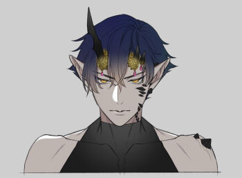 Rule 34 | 1boy, ark1478, arknights, bare shoulders, bishounen, blue hair, closed mouth, commentary request, covered collarbone, demon boy, demon horns, flamebringer (arknights), flamebringer (casual vacation) (arknights), gradient hair, grey background, hair between eyes, highres, horns, looking at viewer, male focus, material growth, multicolored hair, oripathy lesion (arknights), pointy ears, scales, short hair, simple background, single horn, sleeveless, solo, yellow eyes