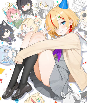 1girl absurdres blonde_hair blue_eyes cardigan character_request commentary_request copyright_request grey_socks happy_birthday highres loafers looking_at_viewer medium_hair multicolored_hair neckerchief open_mouth original pleated_skirt purple_neckerchief red_hair sailor_collar shenqi_xiaohuang shoes skirt socks solo streaked_hair stuffed_toy teeth v