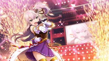 Rule 34 | 1girl, :d, blue eyes, brown shirt, confetti, cowboy shot, elbow gloves, game cg, gloves, holding, holding microphone, idol clothes, long hair, looking at viewer, microphone, official art, one side up, open mouth, overskirt, pink hair, pointing, pointing at viewer, purple skirt, screen zoom, shirt, skirt, smile, solo, stage, standing, sweat, thighhighs, toji no miko, toji no miko: kizamishi issen no tomoshibi, tsubakuro yume, white gloves, white skirt, zettai ryouiki
