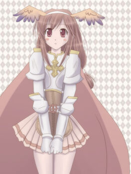 Rule 34 | 1girl, argyle background, armor, belt, blush stickers, boobplate, breastplate, brown background, brown hair, cape, commentary request, cowboy shot, cross, cross of prontera, dated commentary, expressionless, fake wings, feathered wings, gauntlets, head wings, long hair, looking afar, lord knight (ragnarok online), miniskirt, orange wings, parted lips, pauldrons, pink skirt, ragnarok online, red cape, red eyes, sharari, shoulder armor, skirt, solo, white belt, wings