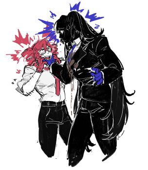 2girls abel_(abel99519356) anger_vein angry another_cup_(synthesizer_v) black_suit blue_gloves blue_necktie coffee coffee_stain collared_shirt commentary_request cowboy_shot cropped_legs dress_shirt drill_hair formal_clothes gift_art glasses gloves grabbing_another's_chin hand_on_another's_chin hatsune_miku highres kasane_teto long_hair looking_at_another masculine_woman multiple_girls necktie pink_gloves pink_hair pink_necktie second-party_source shirt suit twin_drills twintails very_long_hair white_shirt yuri