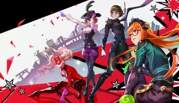 10s 4girls bad_id bad_twitter_id black_legwear blonde_hair blue_eyes braid brown_hair crown_braid domino_mask eye_mask glasses hage2013 hat headphones long_hair mask multiple_girls niijima_makoto noir_(persona_5) okumura_haru oracle_(persona_5) orange_hair panther_(persona_5) pantyhose persona persona_5 queen_(persona_5) sakura_futaba takamaki_anne twintails