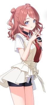 Rule 34 | belt, bike shorts, blue eyes, blush, brown hair, collared shirt, commentary, earrings, fingerless gloves, fingernails, gakuen idolmaster, gloves, hajime (idolmaster), hanami saki, heart, heart earrings, highres, idolmaster, jewelry, kitano yukito, long hair, own hands together, shirt, simple background, single glove, smile, steepled fingers, thighs, two-tone sweater vest, two side up, white background, white overskirt, white shirt