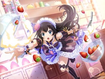 Rule 34 | 1girl, batter, black hair, black thighhighs, blue eyes, bowl, brown dress, cabinet, choker, corset, detached sleeves, dress, falling, floating hair, food, food-themed hair ornament, frilled choker, frilled dress, frilled hairband, frills, fruit, game cg, hair between eyes, hair ornament, hairband, indoors, kagura hikari, long hair, looking at viewer, macaron hair ornament, official art, puffy detached sleeves, puffy sleeves, purple corset, shoujo kageki revue starlight, shoujo kageki revue starlight -re live-, sidelocks, solo, standing, standing on one leg, strawberry, thighhighs, tripping, upper body, valentine, whisk, wrist cuffs