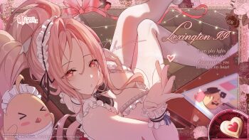 1girl ahoge apron azur_lane bow bowtie breasts cleavage commentary flower frilled_apron frilled_hairband frills from_above hair_intakes hair_ornament hairband heart highres large_breasts lexington_(azur_lane) lexington_ii_(azur_lane) lexington_ii_(the_fluffiest_of_maids)_(azur_lane) long_hair looking_at_viewer maid_apron maid_headdress manjuu_(azur_lane) official_art parted_lips pink_eyes solo thighhighs white_thighhighs white_wrist_cuffs wrist_cuffs yostar